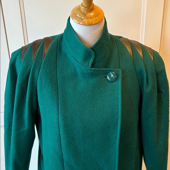 Vintage 80s Teal Green Double-Breasted Women's Coat, wool, Romania, faux leather - Picture 2 of 16